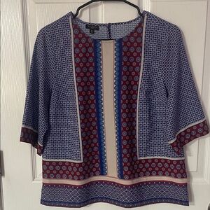Talbots Colorblock Satin Blue/Red Geometric Elbow Sleeve Blouse -Lightweight- MP
